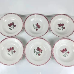 Set de 6 assiettes creuses en porcelaine, Badonviller, fleur rouge, 1950