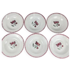 Set de 6 assiettes creuses en porcelaine, Badonviller, fleur rouge, 1950