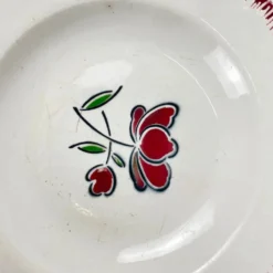Set de 6 assiettes creuses en porcelaine, Badonviller, fleur rouge, 1950