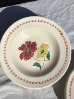 Set de 8 assiettes creuses fleurs bordeaux et jaune