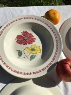 Set de 8 assiettes creuses fleurs bordeaux et jaune