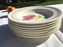 Set de 8 assiettes creuses fleurs bordeaux et jaune