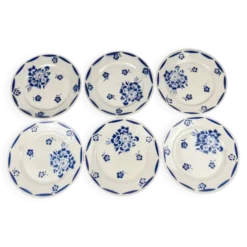 Set de 6 assiettes à dessert demi-porcelaine Badonviller, motif fleurs bleu, début XXe
