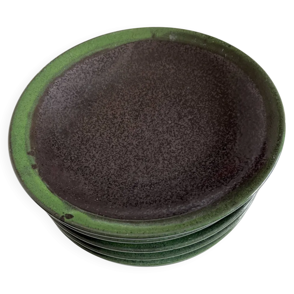 Set de 6 assiettes plates calotte en grès de potier 1970