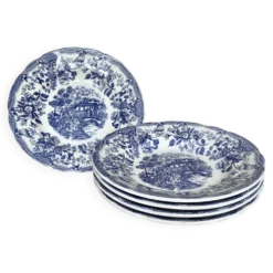 Set de cinq assiettes creuses anglaises, en céramique ironstone, scène romantique