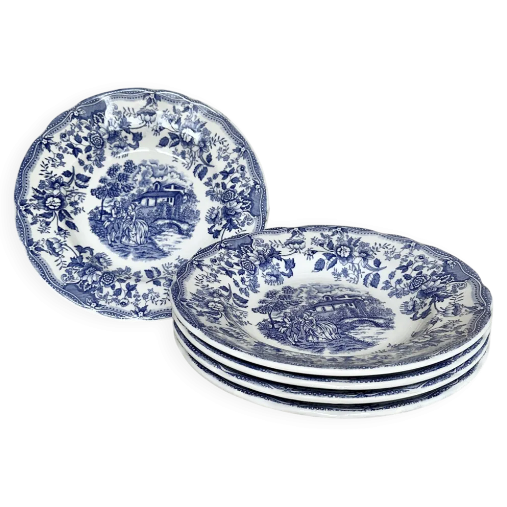 Set de cinq assiettes creuses anglaises, en céramique ironstone, scène romantique