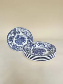 Set de cinq assiettes creuses anglaises, en céramique ironstone, scène romantique