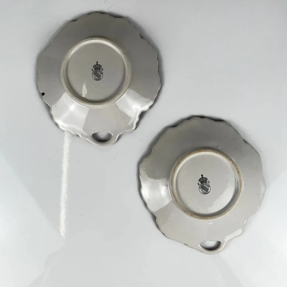 Set de 2 coupelles en forme de feuille, modèle Réverbère par KG Lunéville, motif tulipe et rose