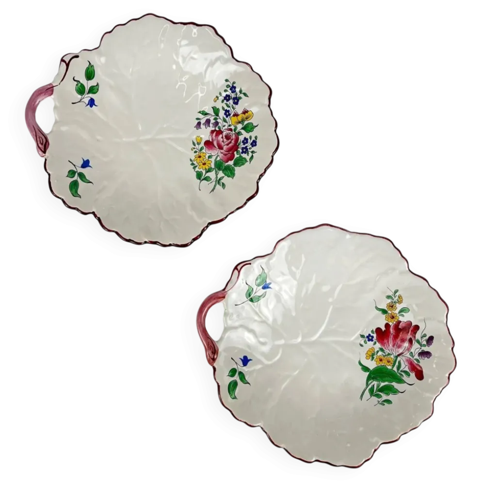 Set de 2 coupelles en forme de feuille, modèle Réverbère par KG Lunéville, motif tulipe et rose