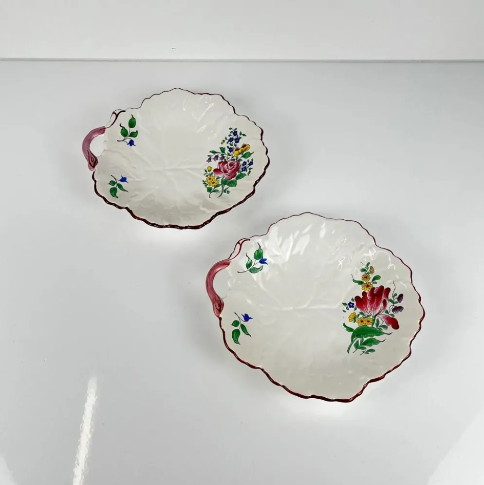 Set de 2 coupelles en forme de feuille, modèle Réverbère par KG Lunéville, motif tulipe et rose