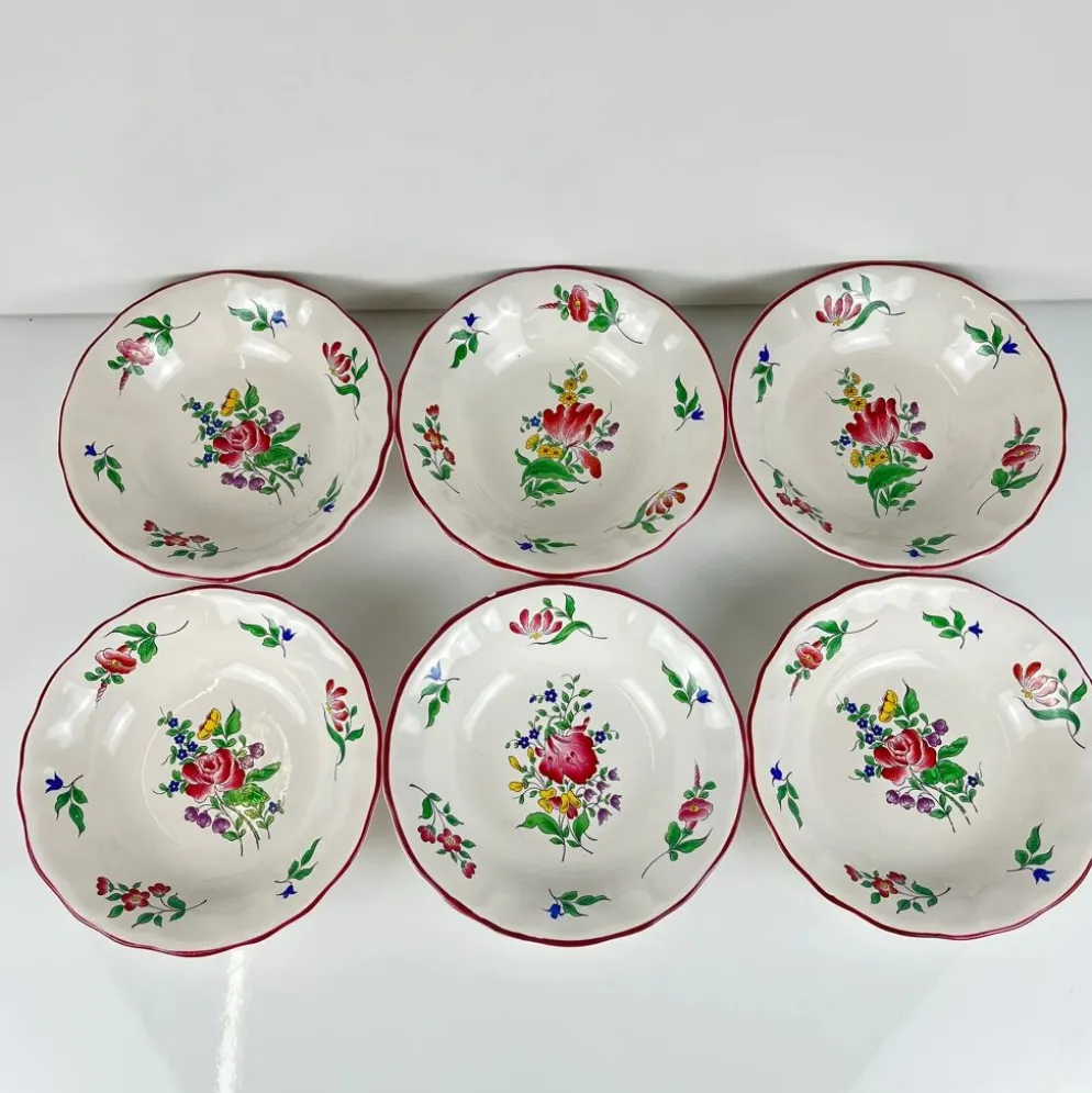 Set de 6 coupelles, modèle Réverbère par KG Lunéville, motif tulipe et rose