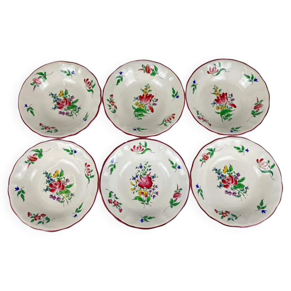 Set de 6 coupelles, modèle Réverbère par KG Lunéville, motif tulipe et rose