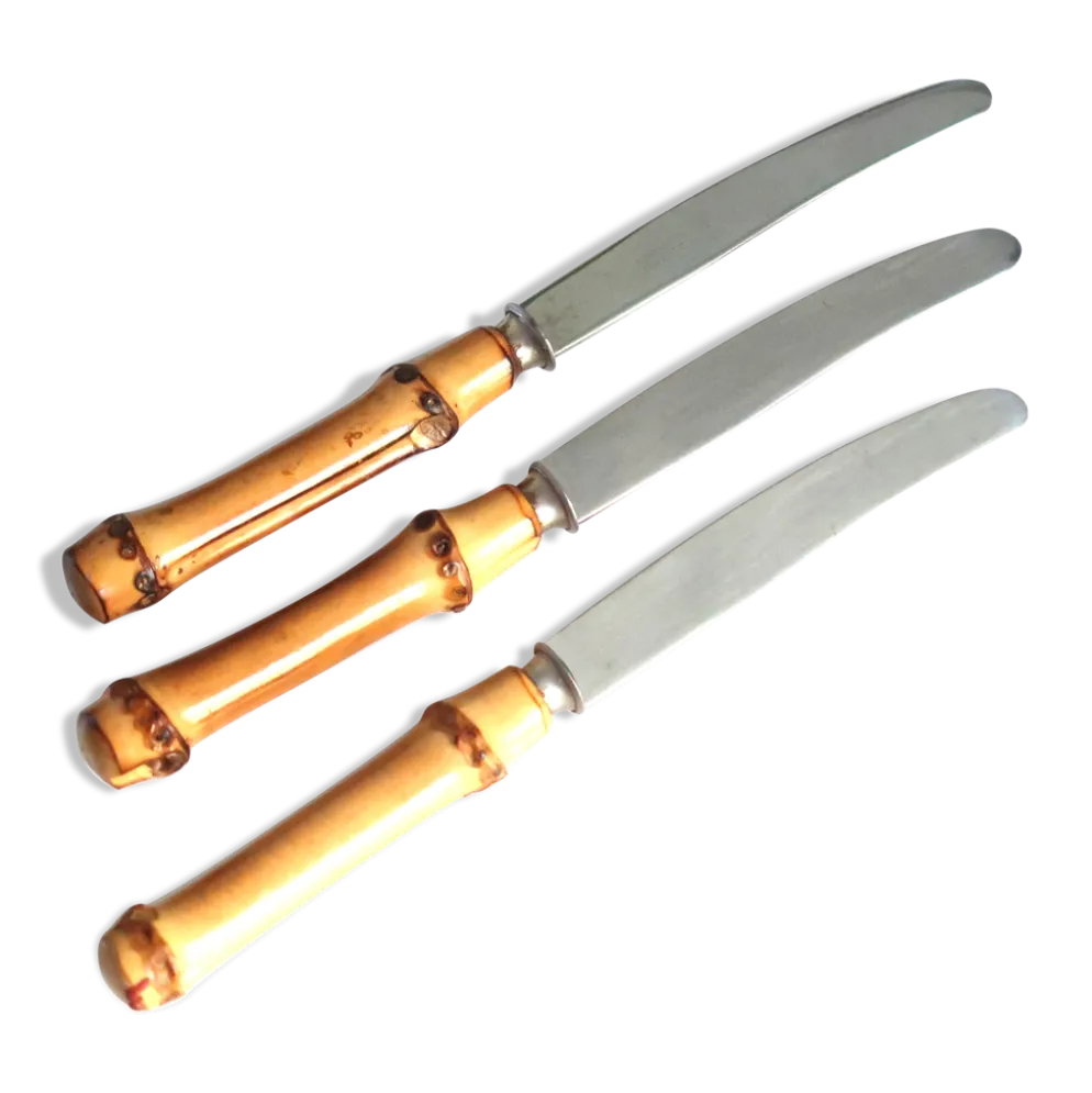 Set de 3 couteaux tartines avec manches bambou, années 60