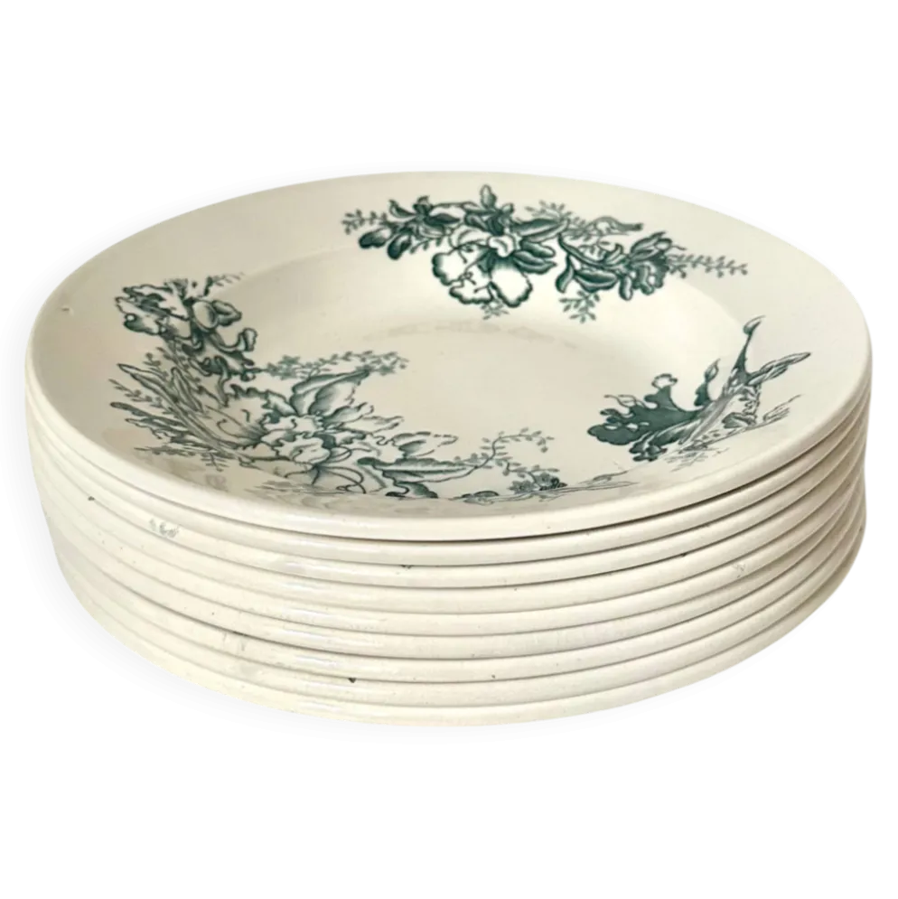 Set de neuf assiettes creuses en faïence de Givors, modèle « Floreal »
