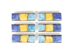 Set de 6 porte couteaux bleu et jaune en céramique, années 80