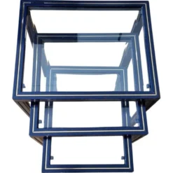 Set de 3 tables gigognes Pierre Vandel métal laqué bleu et plateau en verre, Français 1970 Vintage
