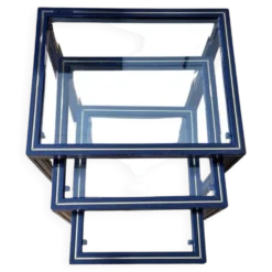 Set de 3 tables gigognes Pierre Vandel métal laqué bleu et plateau en verre, Français 1970 Vintage