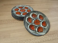 Set of 5 French Pordic Blue Grey & Orange Hand Painted 6 Well Oyster Plates 4974
