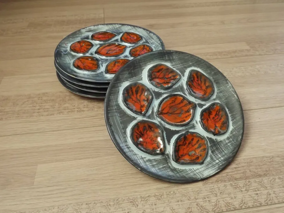 Set of 5 French Pordic Blue Grey & Orange Hand Painted 6 Well Oyster Plates 4974