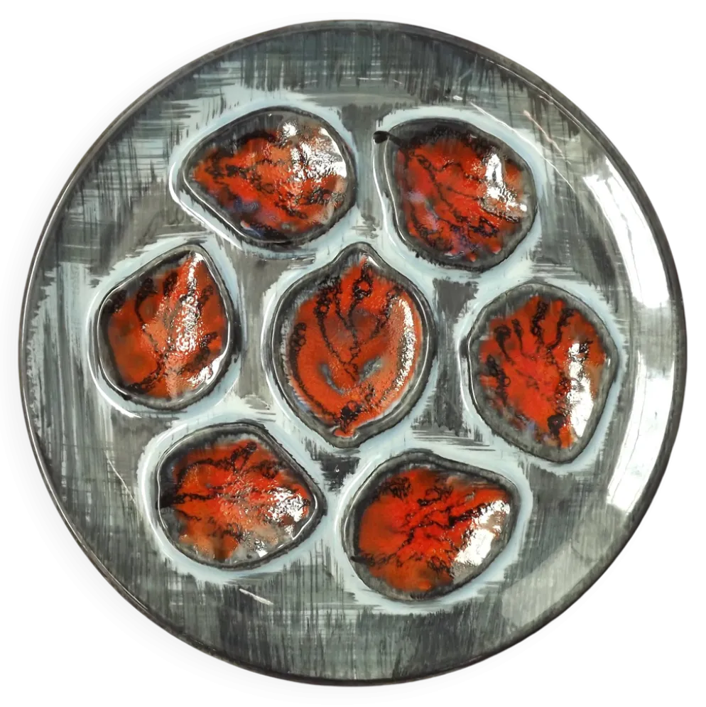 Set of 5 French Pordic Blue Grey & Orange Hand Painted 6 Well Oyster Plates 4974