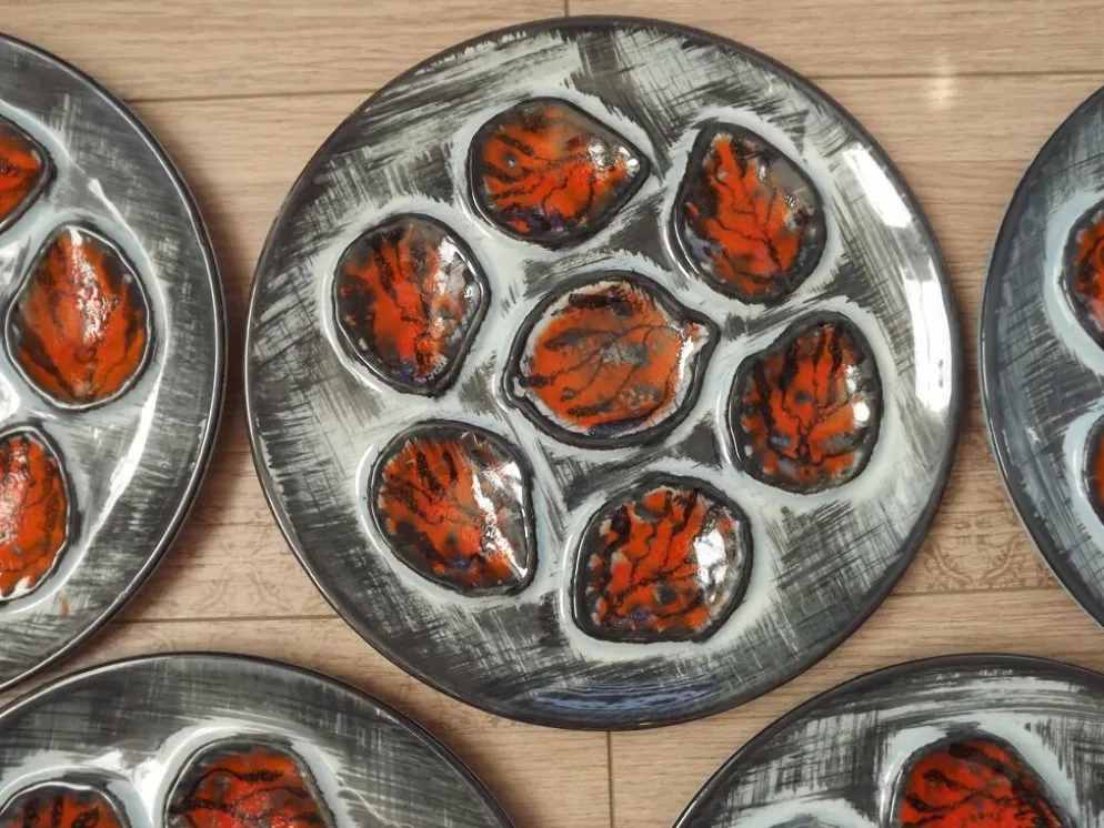 Set of 5 French Pordic Blue Grey & Orange Hand Painted 6 Well Oyster Plates 4974