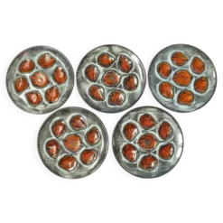 Set of 5 French Pordic Blue Grey & Orange Hand Painted 6 Well Oyster Plates 4974