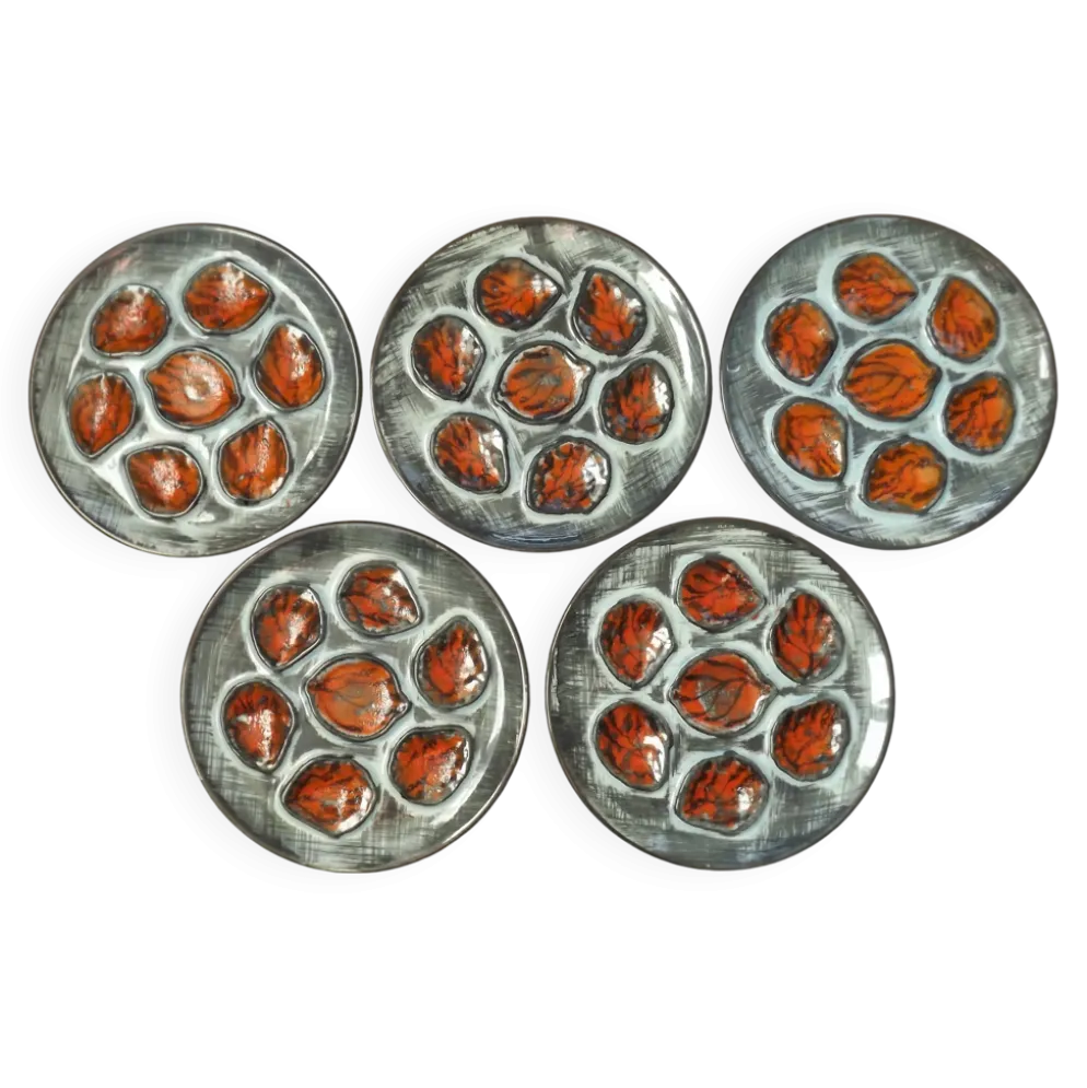 Set of 5 French Pordic Blue Grey & Orange Hand Painted 6 Well Oyster Plates 4974
