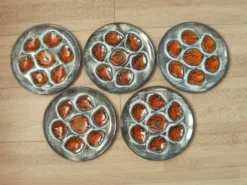 Set of 5 French Pordic Blue Grey & Orange Hand Painted 6 Well Oyster Plates 4974
