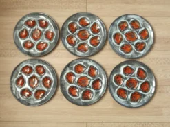 Set of 6 Vintage French Blue Grey & Orange Hand Painted Pordic 6 Serving Oyster Plates 4973