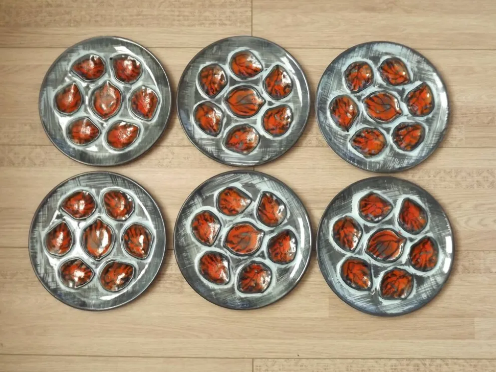 Set of 6 Vintage French Blue Grey & Orange Hand Painted Pordic 6 Serving Oyster Plates 4973