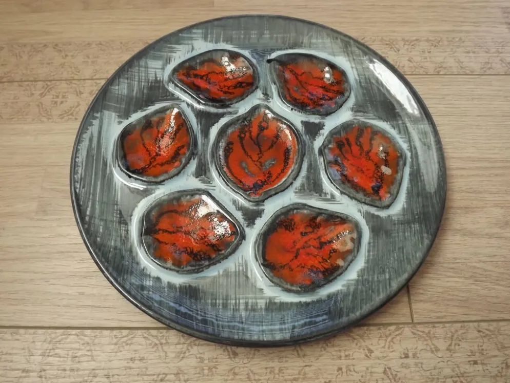 Set of 6 Vintage French Blue Grey & Orange Hand Painted Pordic 6 Serving Oyster Plates 4973