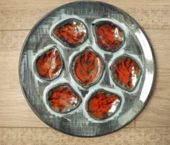 Set of 6 Vintage French Blue Grey & Orange Hand Painted Pordic 6 Serving Oyster Plates 4973