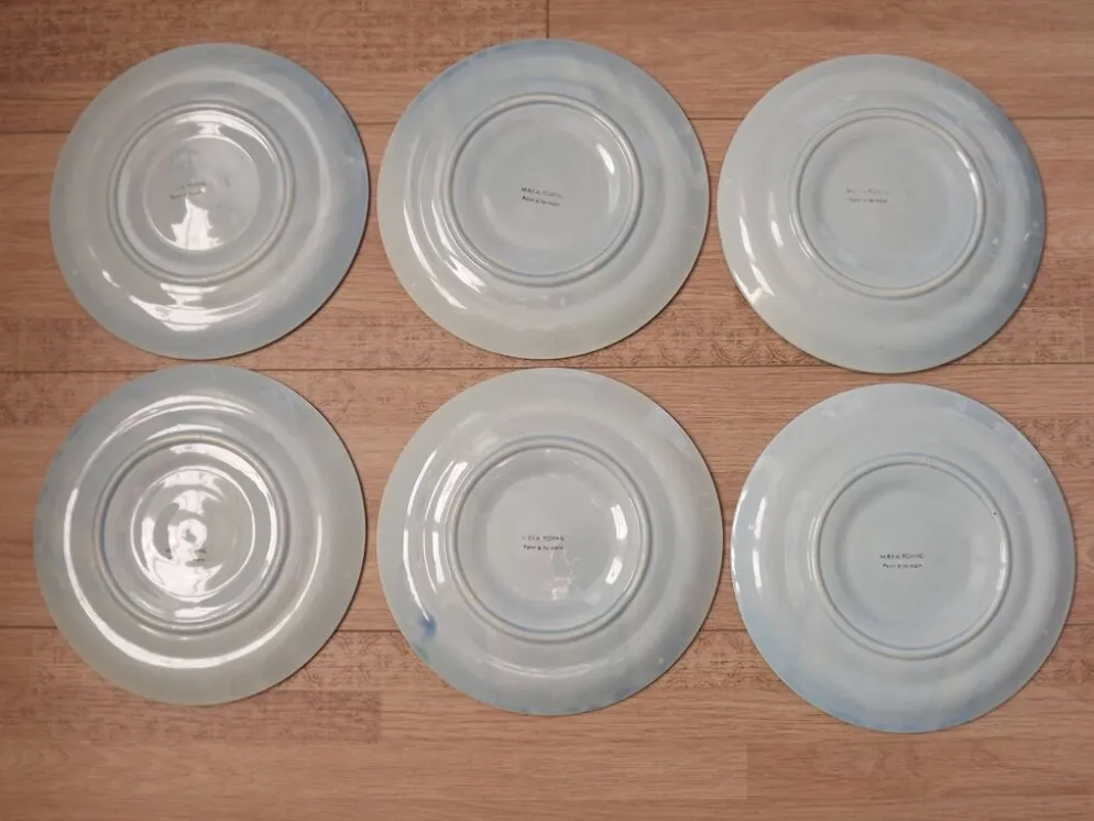 Set of 6 Vintage French Blue Grey & Orange Hand Painted Pordic 6 Serving Oyster Plates 4973