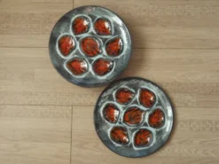 Set of 6 Vintage French Blue Grey & Orange Hand Painted Pordic 6 Serving Oyster Plates 4973