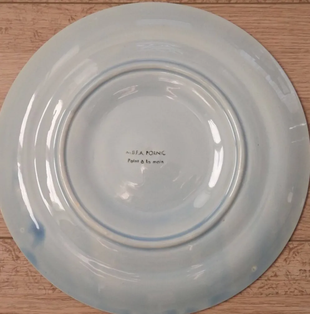 Set of 6 Vintage French Blue Grey & Orange Hand Painted Pordic 6 Serving Oyster Plates 4973