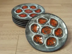 Set of 6 Vintage French Blue Grey & Orange Hand Painted Pordic 6 Serving Oyster Plates 4973