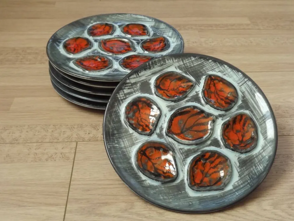 Set of 6 Vintage French Blue Grey & Orange Hand Painted Pordic 6 Serving Oyster Plates 4973