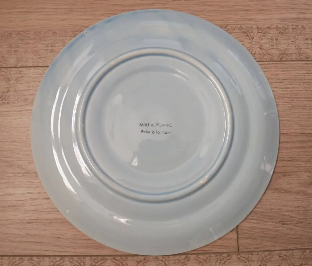 Set of 6 Vintage French Blue Grey & Orange Hand Painted Pordic 6 Serving Oyster Plates 4973