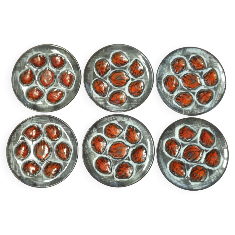 Set of 6 Vintage French Blue Grey & Orange Hand Painted Pordic 6 Serving Oyster Plates 4973