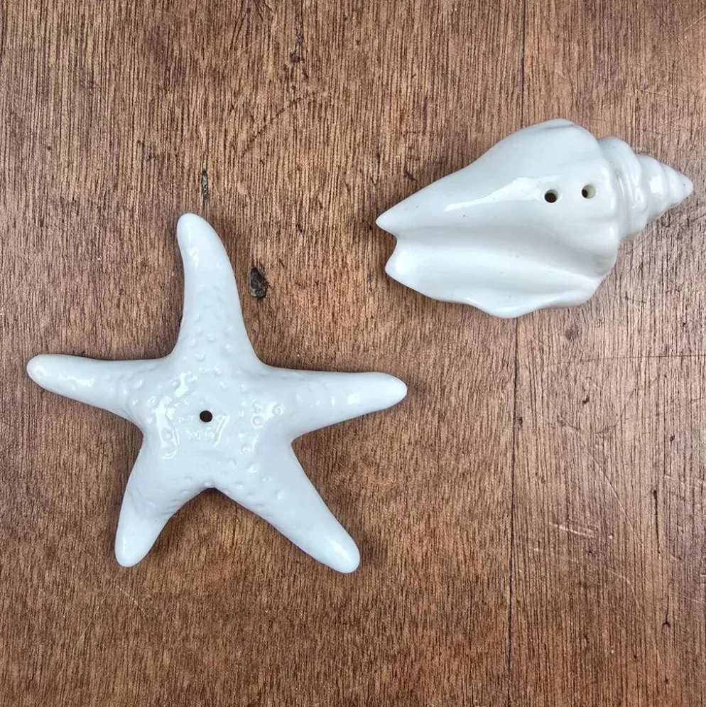 Set salière poivrière coquillage et étoile de mer en céramique blanche
