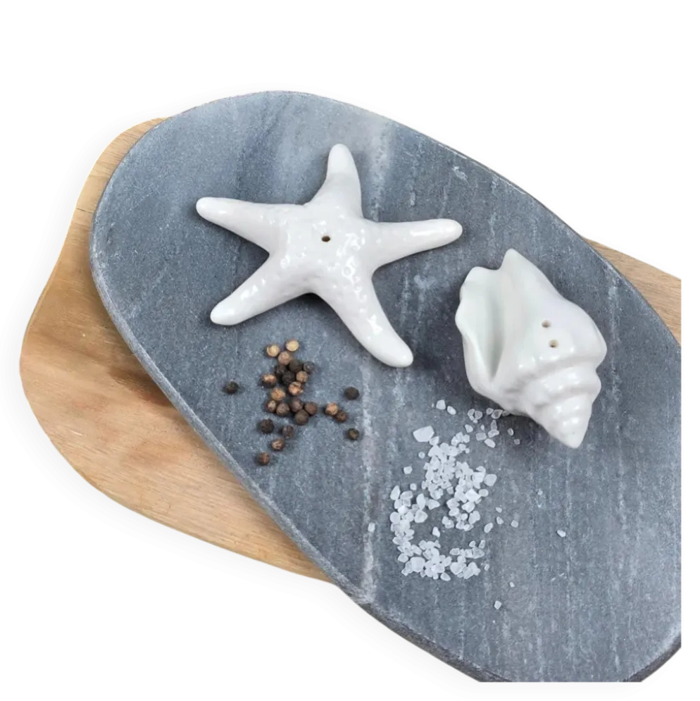 Set salière poivrière coquillage et étoile de mer en céramique blanche