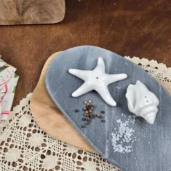 Set salière poivrière coquillage et étoile de mer en céramique blanche