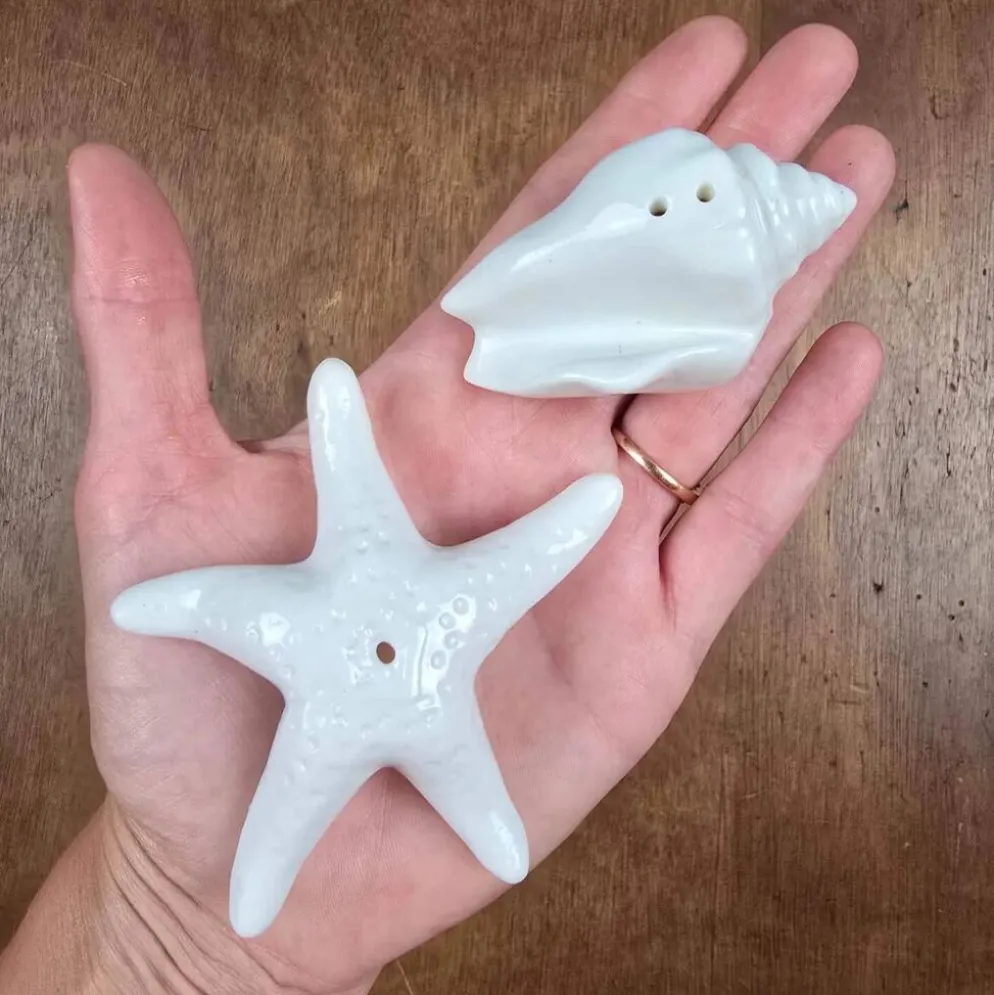 Set salière poivrière coquillage et étoile de mer en céramique blanche