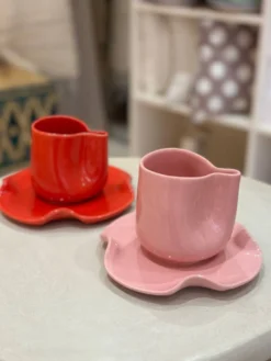 Set tasse mug nénuphar céramique artisanal pop rouge coquelicot