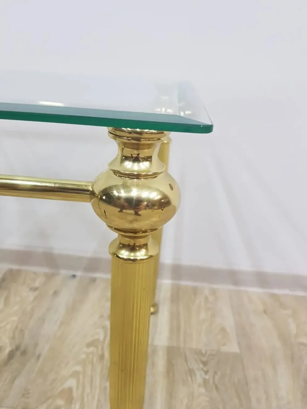 Side table, gold-tone brass, clear glass, France, 1960s.