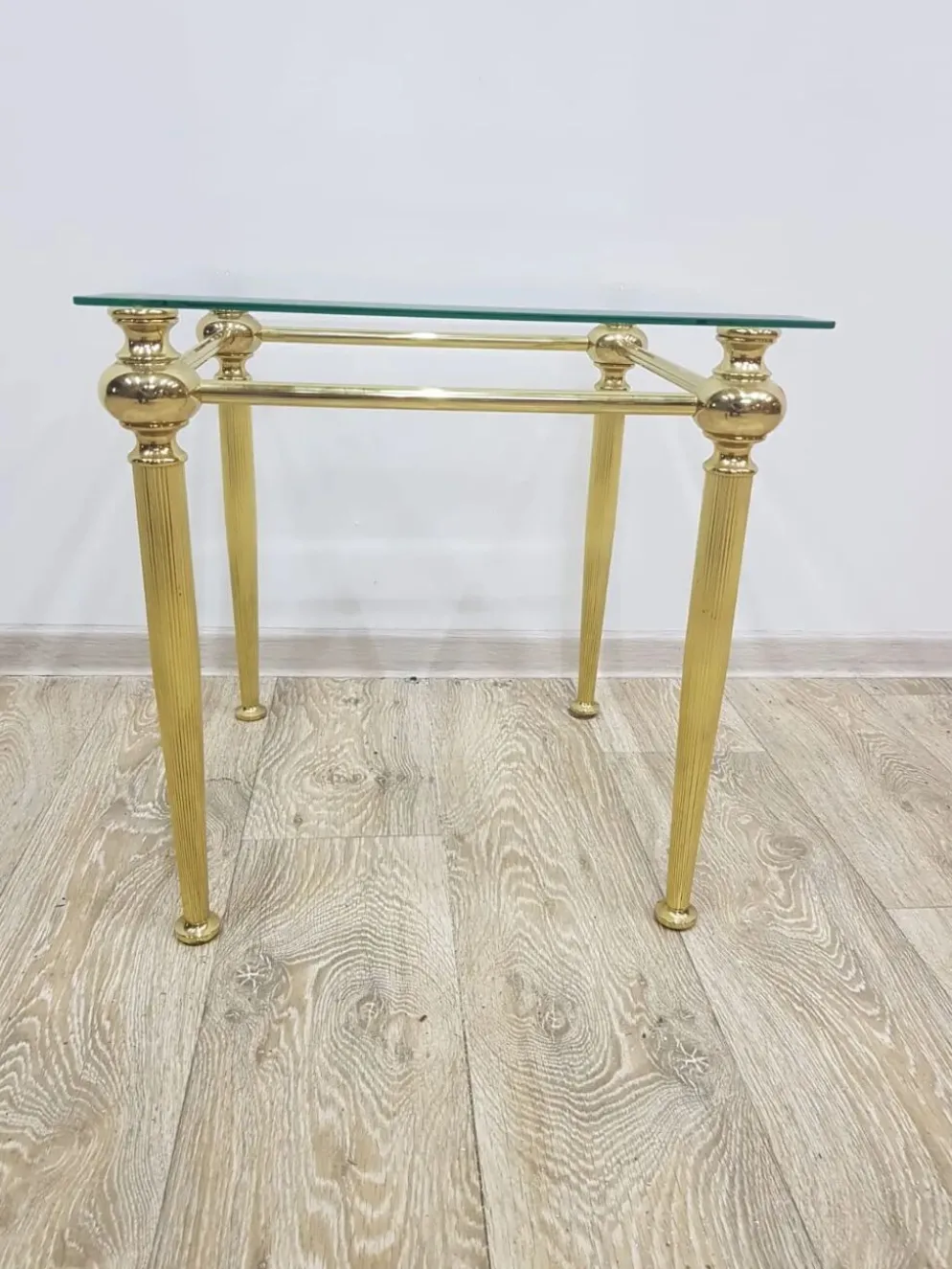 Side table, gold-tone brass, clear glass, France, 1960s.