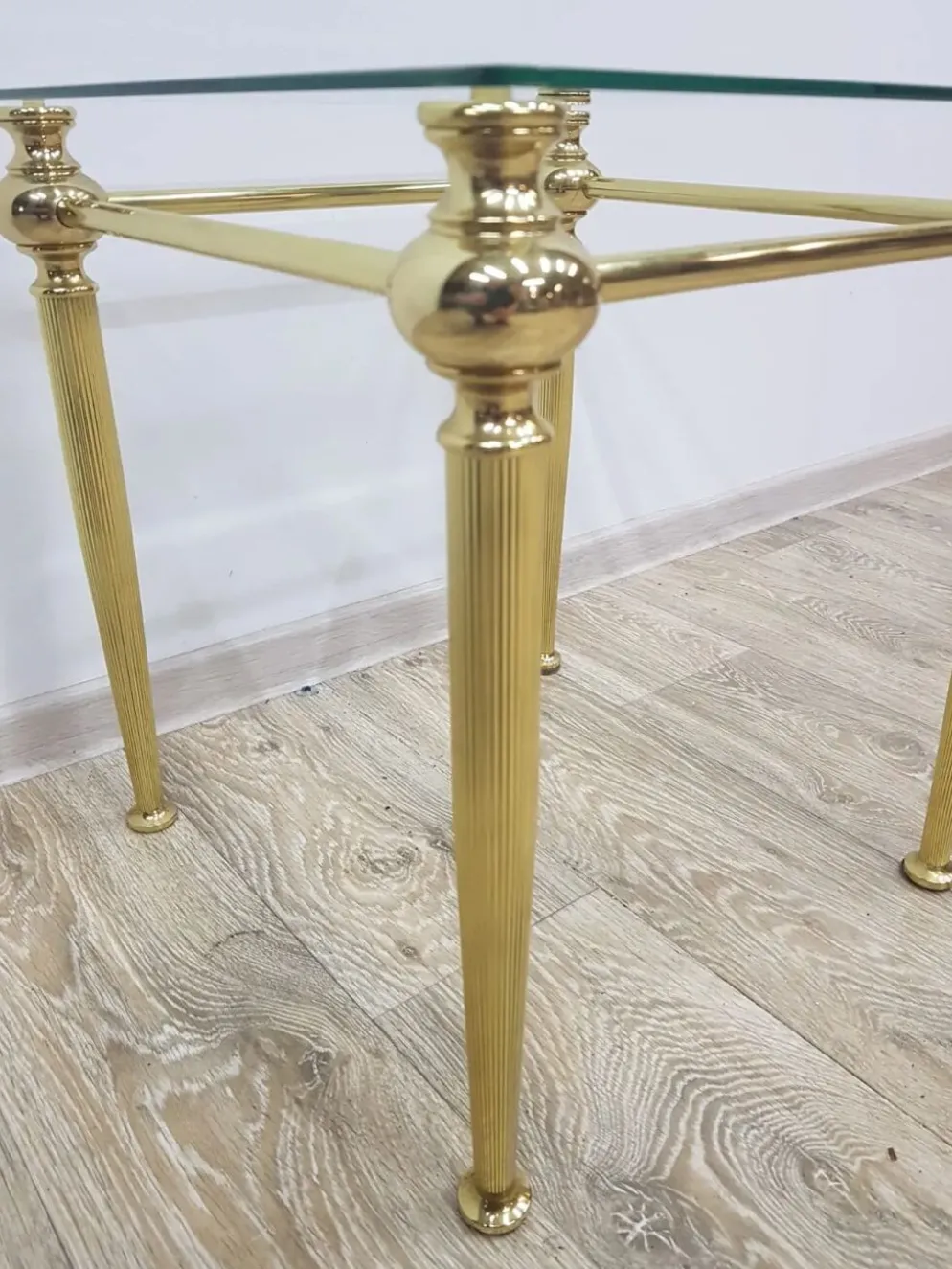Side table, gold-tone brass, clear glass, France, 1960s.