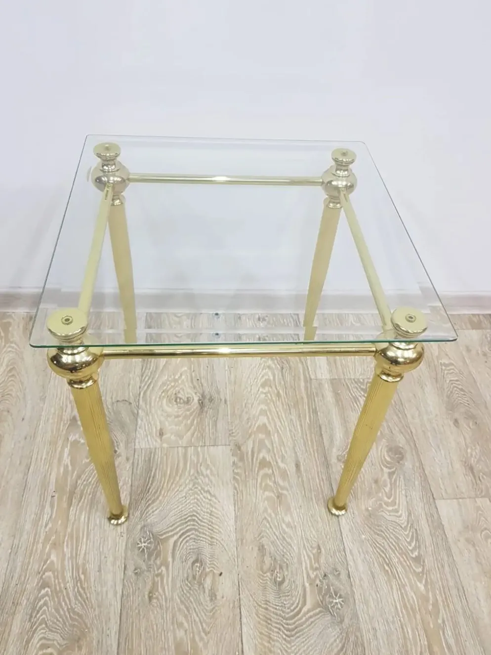 Side table, gold-tone brass, clear glass, France, 1960s.