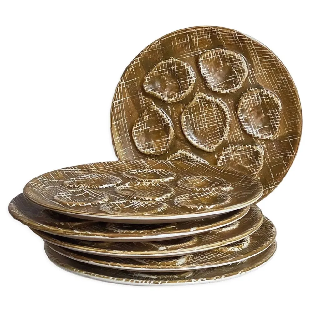 Six assiettes à huîtres faïence à l'émail mat, années 50