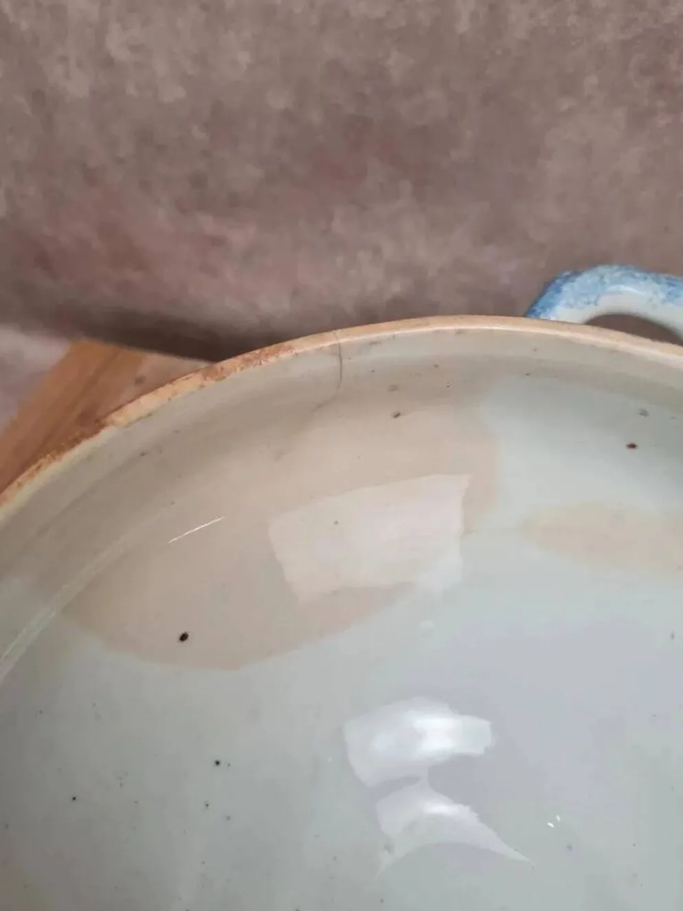 Soupière ancienne Gien en terre de fer décor chardons bleu moucheté